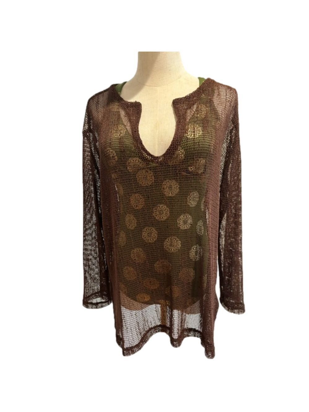 90s J VALDI SHEER SWIM COVER-UP BROWN NET & SUBTLE SEQUIN & BELL SLEEVE BOHO S